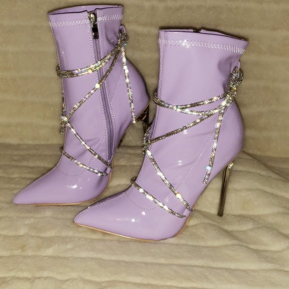 Lilac Purple Stretch Patent High Heel Ankle Boots with Rhinestone Straps - Picture 14 of 14